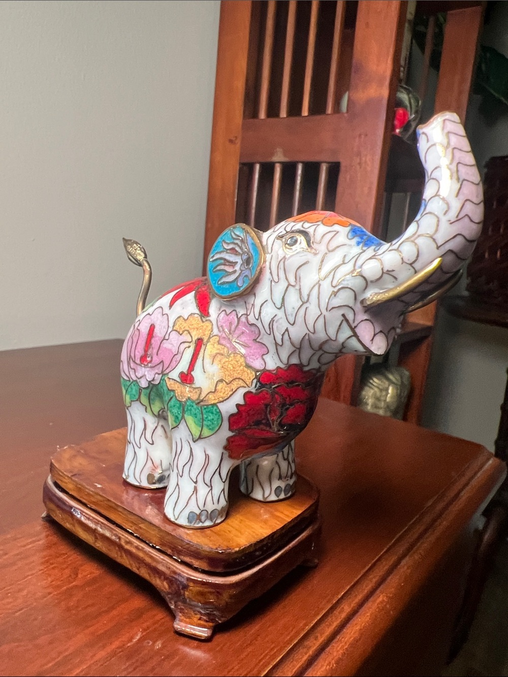 Vintage Colorful Cloisonné Enamel Elephant Figurine with Wooden Display Stand - Picture 6 of 13